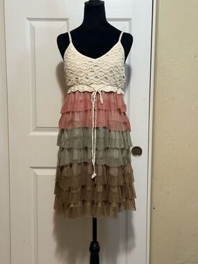 Chesley Crochet Bodice Tiered Ruffle Dress in Cream, Dusty Rose, Olive, Brown